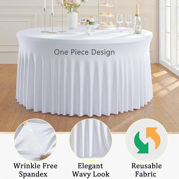 6 Pack White Round Spandex Tablecloths for 60in Tables, Wrinkle Free Stretchy 120inch Fitted 5FT Round Table Cloths Cover with Skirt for Wedding Party Dining Banquet Events - Image 4