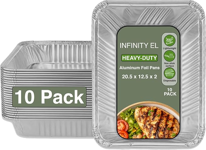 INFINITY EL 10 Pack Aluminum Pans, Disposable Foil Pans, Full Size-Shallow | Heavy-Duty Foil Pans 20.5" x 12.5" x 2", Serving Trays for Roasting Turkey, Lasagna, Christmas & Parties, Freezer & Oven Safe by INFINITYEL