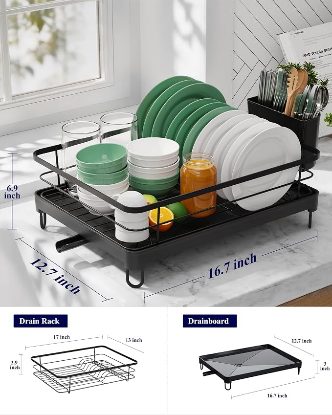 Kitsure Dish Drying Rack for Kitchen Counter, 12.7''W x 16.7''L, Black - Image 3