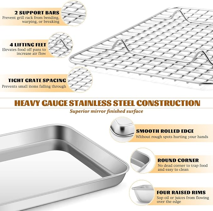 Small Stainless Steel Baking Sheet with Rack Set, E-far 9.4”x7.3” Cookie Sheet Broiling Pan for Toaster Oven, Rimmed Metal Tray with Wire Rack for Cooking/Baking/Cooling, Non-toxic & Dishwasher Safe - Image 3