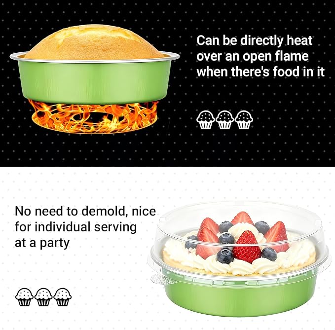 Beasea 4 Inch Pie Pans with Lids, 50 Pack 7.3 Oz Disposable Aluminum Mini Tart Pans, 215ml Foil Baking Cups Small Round Muffin Container Mini Cheesecake Tins for Pie Tart Quiche - Matcha Green - Image 3