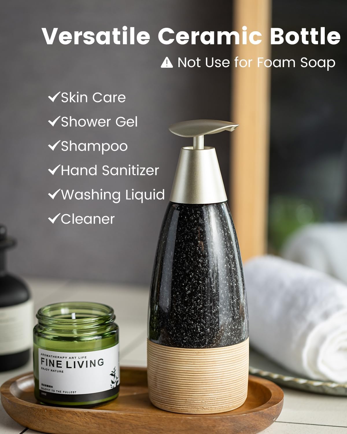 Ceramic Dish Soap Dispenser with Plastic Pump & Stainless Steel Pump for Hand Soap, Shampoo, Lotion, Conditioner, 12 oz Refillable Soap Bottle with Silicone Funnel for Bathroom & Kitchen, Black