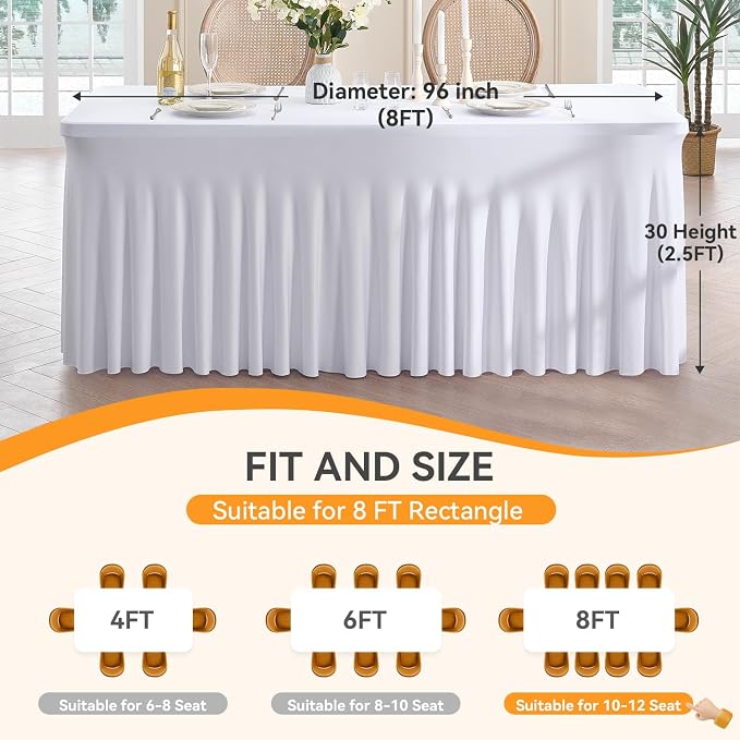 Spandex Tablecloth 8FT Rectangle Table Cover 4 Pack White Wrinkle-Free - Image 6