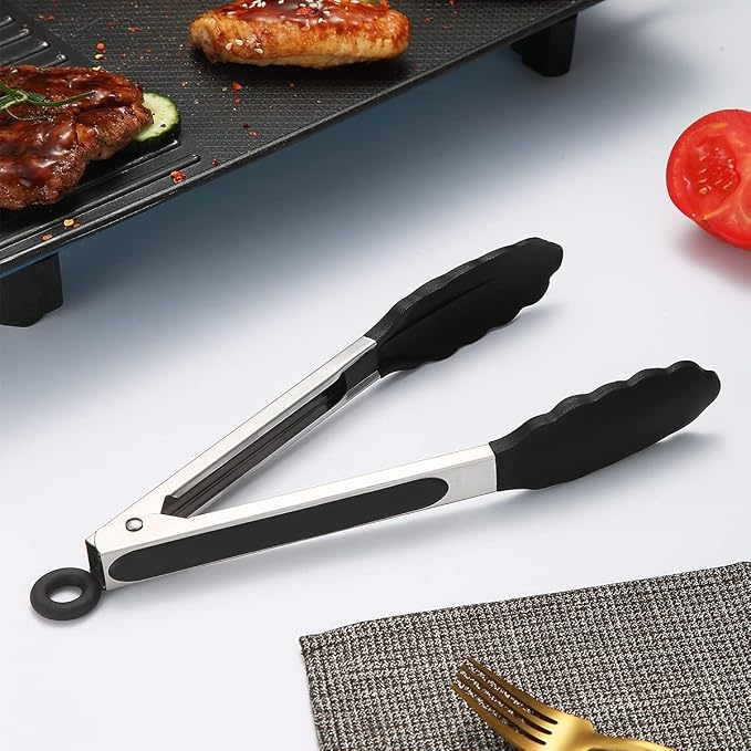 BANSHAN Kitchen Tongs Set of “9” Premium Stainless Steel Cooking Tongs Non Stick and Heat Resistant Handle, Silicone Tongs for Cooking Serving Frying and Cooking-Black (27cm) - Image 2