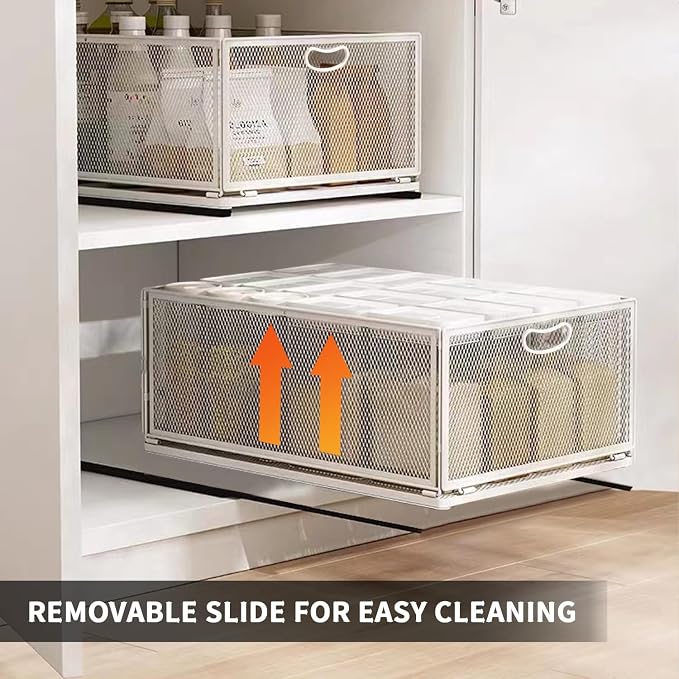 Sliding Cabinet Basket Organizer Drawer Self Adhesive Slide out Pantry Shelves Heavy Duty Carbon Steel Slide Cabinet Storage Basket with Handle for Bathroom Kitchen Home - Image 8
