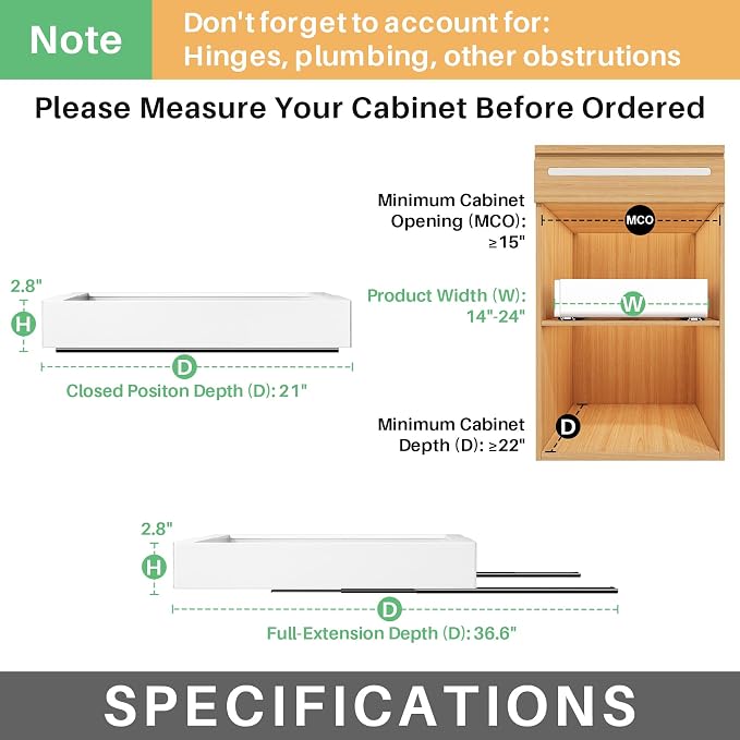 Pull out Cabinet Organizer, Wider Expandable(14"-24") Heavy Duty Slide out Drawers Fixed with Adhesive Nano Film for Pots, Roll out Shelf Storage for Kitchen Cabinet Organization(White-1pc)(3 Rails) - Image 2