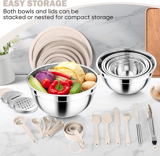 E-far 25PCS Mixing Bowls with Lid Set, Stainless Steel Nesting Prep Bowls with Grater Attachments Non-Slip Bottoms for Cooking, Serving, Food Storage, 4.6/2.6/2/1.5/1/0.7QT - Khaki - Image 6