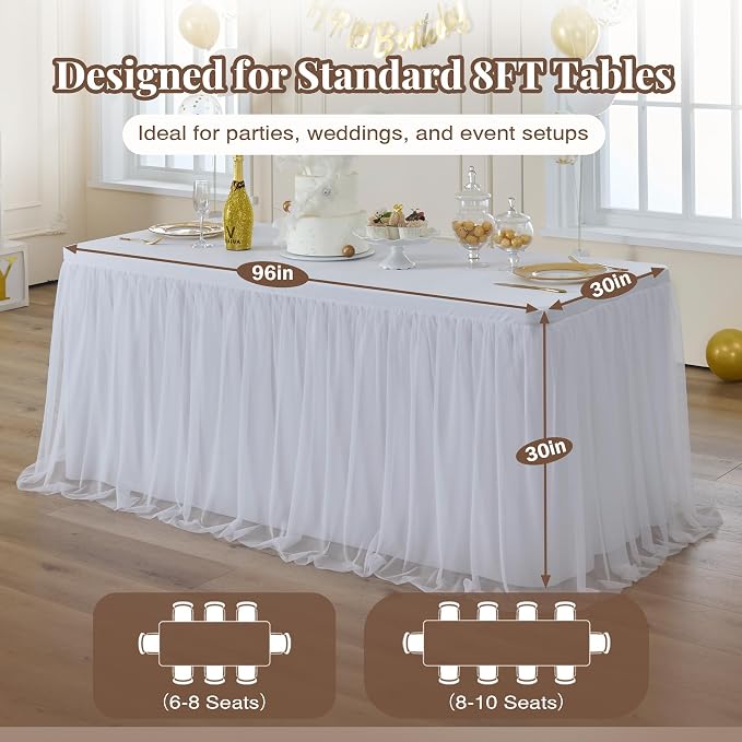 CO-AVE 6pack White Tulle Tablecloth for 8ft Rectangular Tables, 2-in-1 Elastic Stretch Spandex Cover with Tutu Ruffle Skirt, Wrinkle Free for Wedding, Birthday, Banquet, Buffet, Bridal Shower - Image 6