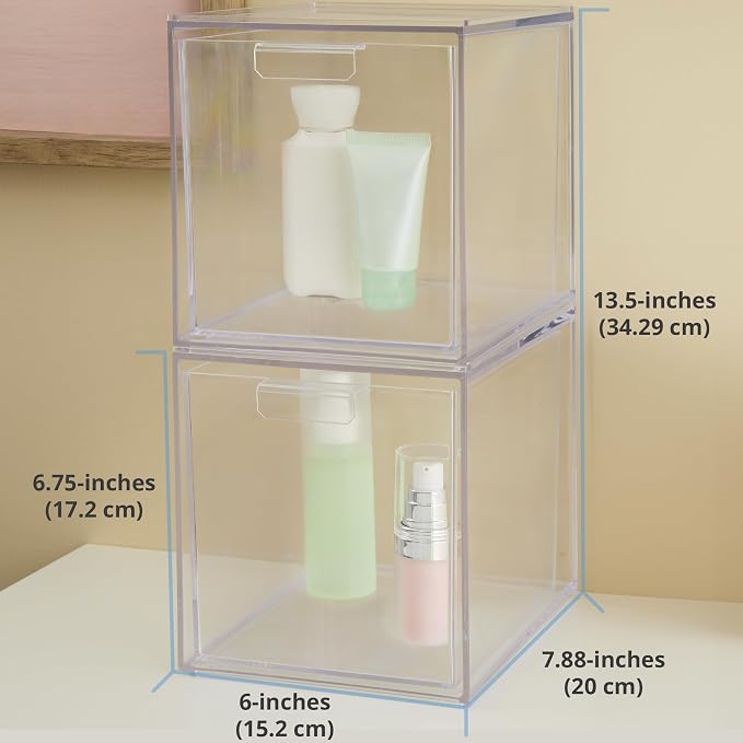 STORi Audrey Stackable Bin Clear Plastic Organizer Drawers | 2 Piece Set | Organize Cosmetics and Beauty Supplies on a Vanity | Made in USA - Image 3