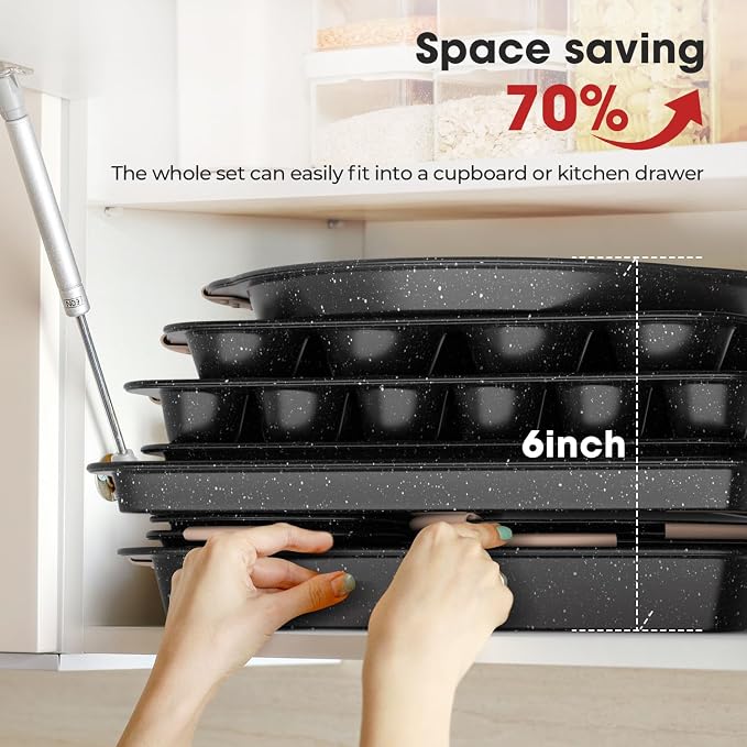11-Piece Baking Pans Set, Nonstick Bakeware Sets, Oven Pans, Khaki&Black | Stackable Non-Toxic Baking Set with Silicone Handles, Includes Cookie Sheet, Cake Pans, Loaf Pan, Pizza Pan, Muffin Pan - Image 4