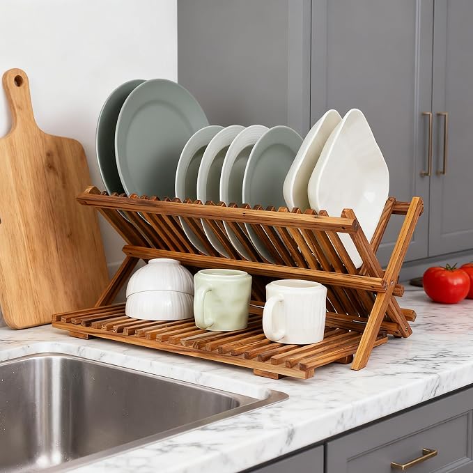 Utoplike Large Teak Dish Drying Rack, Wood Collapsible Organizer for Plates - Image 5