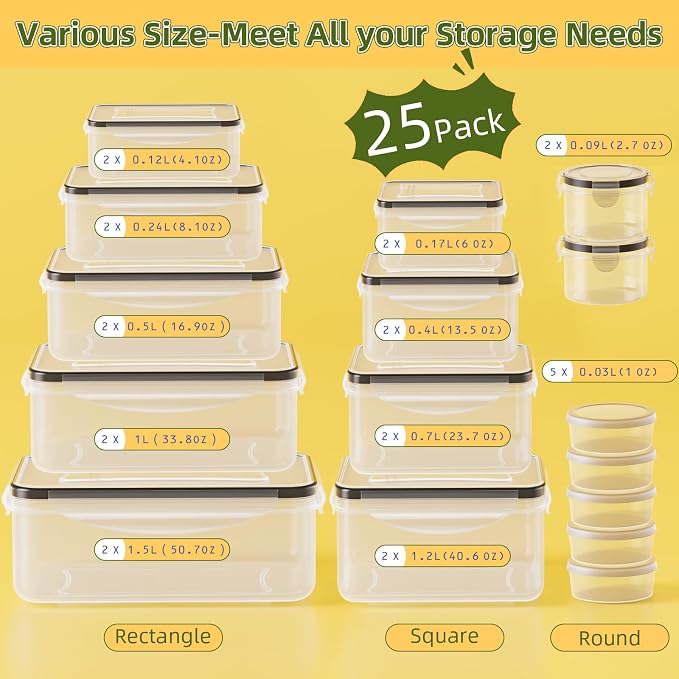50 PCS Food Storage Containers with Lids Airtight (25 Lids & 25 Containers) | Reusable Plastic Leakproof Meal-Prep Container for Kitchen Storage Organization Microwave/Dishwasher Safe with Labels & Pen - Image 2