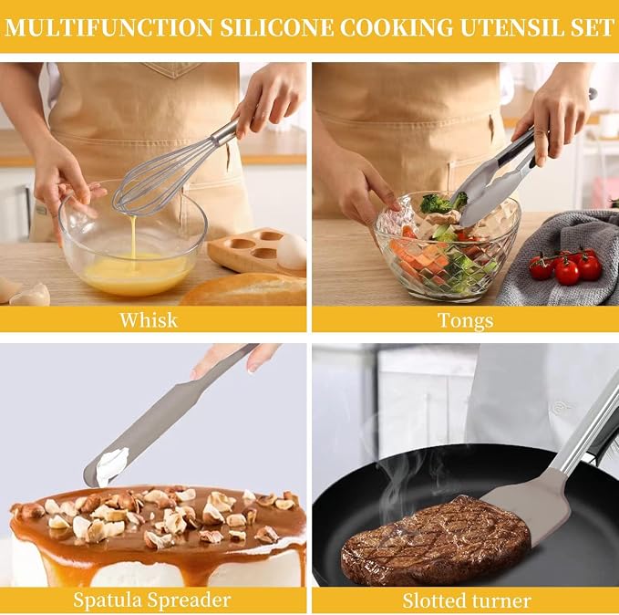 Silicone Kitchen Cooking Utensils Set with Stainless Steel Handle, Spatula Set Utensil Set, Cooking Utensil Set,Kitchen Tools Gadgets for Nonstick Cookware (35, Khaki) - Image 3