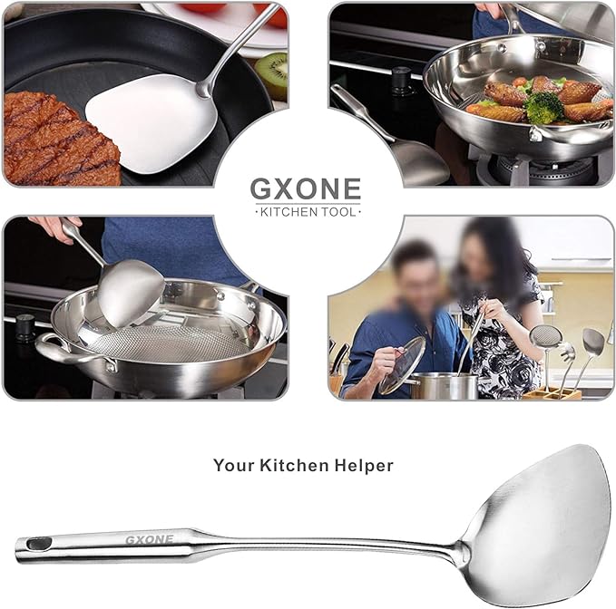 Wok Spatula,Stainless Steel,Long Handle Wok Utensils,Silver/14.7Inch - Image 4