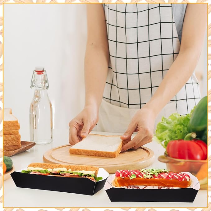 Rtteri 200 Pcs 2lb Paper Food Tray Disposable Food Boats Hot Dog Tray 7 Inch Nacho Trays Take out Food Serving Trays for French Fries, Tacos, Hot Dog, Corn, BBQ Festival Party Supplies (Black) - Image 6