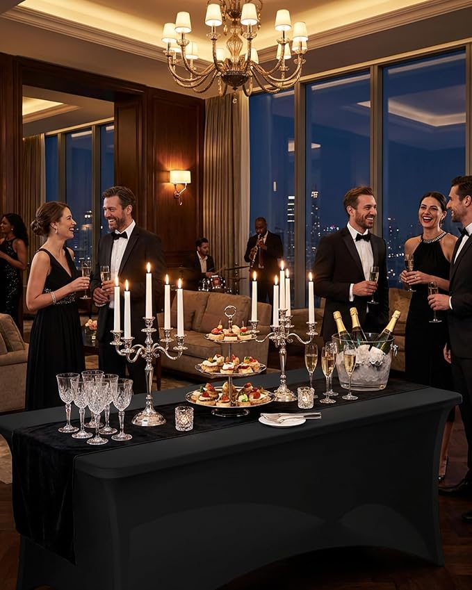 Fixwal 6 Pack Black Spandex Tablecloth 8 Foot Fitted Table Cover - Image 2