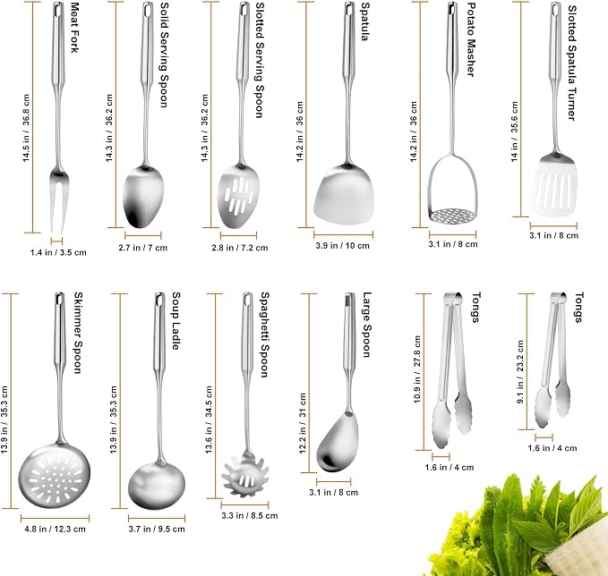 304 Stainless Steel Cooking Utensils Set, 12 Pcs Long Stainless Steel Kitchen Utensils Set, Metal Cooking Utensils Set with Potato Masher, Spoon, Ladle, Skimmer, Pasta Server etc(Dishwasher Safe) - Image 2