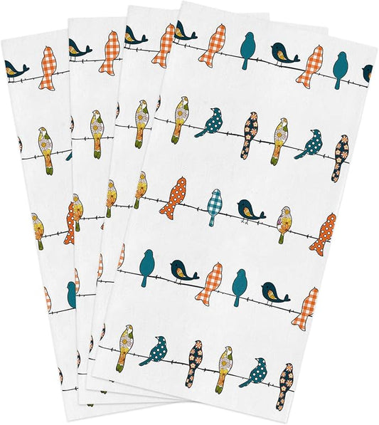 Smile Sunflower Kitchen Towels Microfiber Cleaning Cloths, Birds on The Wire Teal Grey Orange Soft Dish Towels for Kitchen, Pack of 4 Absorbent Hand Towels Reusable Tea Towels,Bar Towels,18x28 Inch by Smile+Sunflower