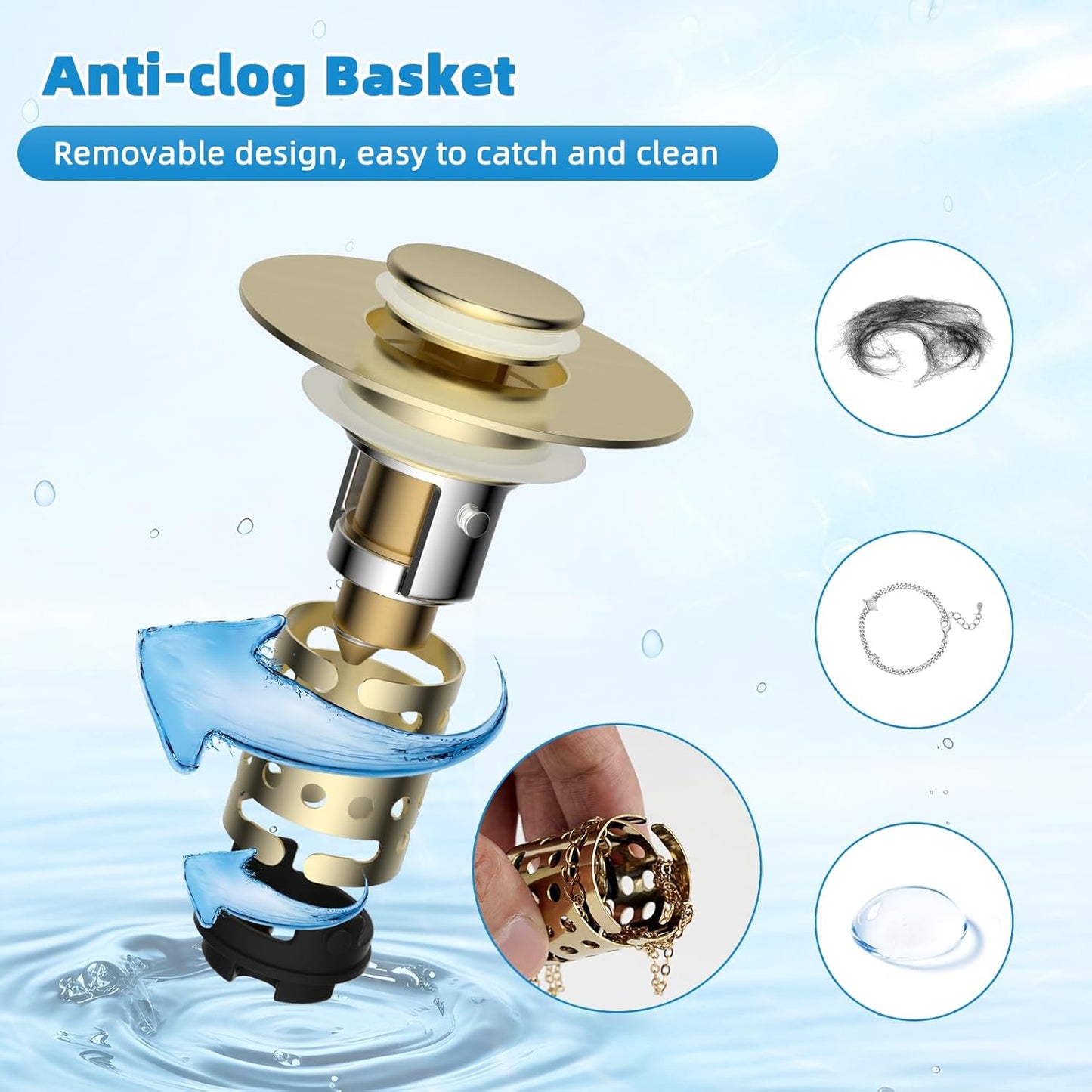 Universal Bathroom Sink Stopper Hair Catcher Upgraded with 2-Layer Detachable Filter Basket, 4 in 1 Pop Up Drain Strainer, Anti-Clog, Odor-Block, Fit for 1.1''~2.36'' Sinks, 2PCS, Brushed Gold