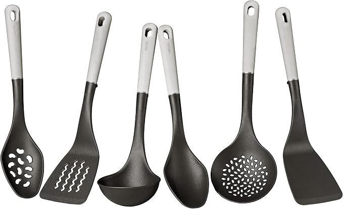 Meyer Everyday Nylon Tools/Cooking Utensils Set for Non Stick Cookware, 6 Piece: Slotted Turner, Solid Turner, Skimmer, Ladle, Slotted Spoon and Solid Spoon, Heat Resistant, Black with Gray Handles by Meyer