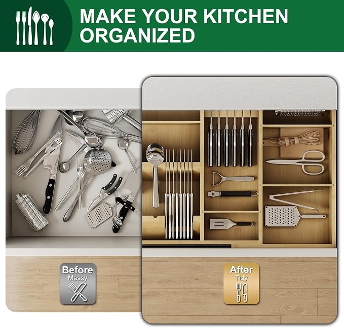 Bamboo Silverware Drawer Organizer, 17.72-29.53 Inch Expandable Large Kitchen Drawer Organizer, 5-8 Slot Flatware with Removable Card Slots & Knife Block for Spoon Butter Knive, Natural - Image 6