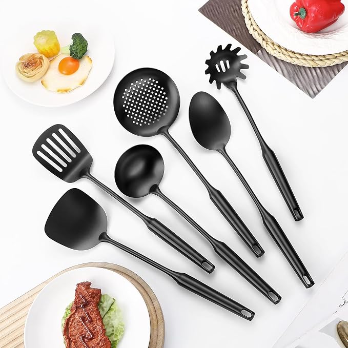 304 Stainless Steel Cooking Utensil,Kitchen Kitchen Utensil with Spatula, Solid Spoon, Ladle, Skimmer, Spaghetti Spoon, 6 Piece Set, Dishwasher Safe(Black) - Image 3