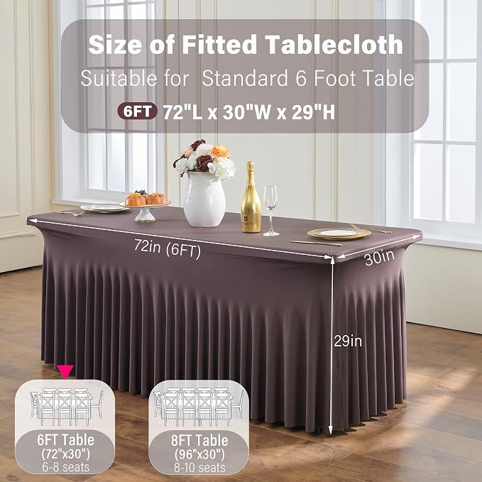 4 Pack Brown Spandex Tablecloths for 6 Foot Rectangle Tables, Wrinkle Free Stretchy Table Cloths 6ft Fitted Table Cover DeskSkirt for Weddings Birthday Party Banquet Baby Shower - Image 6