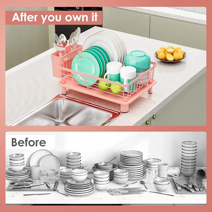 GAOKASE Dish Drying Rack, Stainless Steel-Dish Rack, Dish Racks for Kitchen Counter, Kitchen Dish Drainers with Removable Utensil Holder,New Drain Outlet,Plate Rack and Drainboard,(Pink-11 W x 15" L) - Image 5