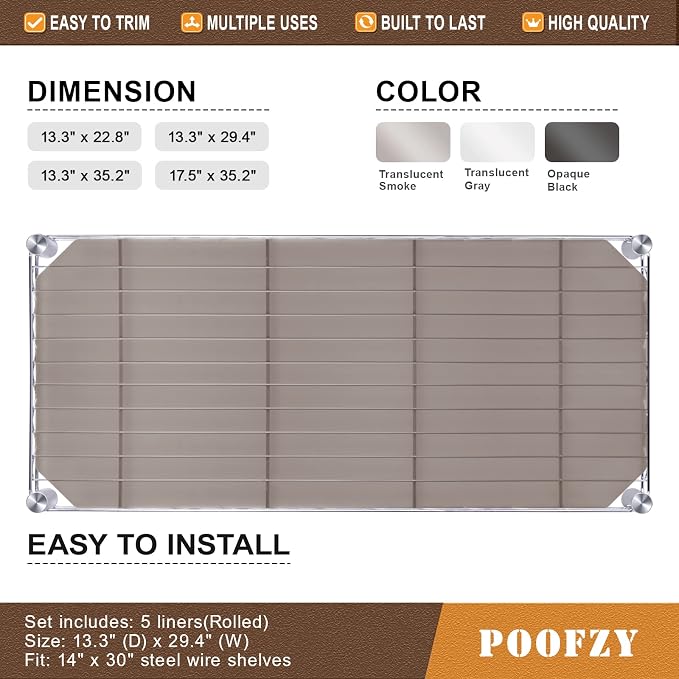 Poofzy Wire Shelf Liner 14" x 36", Set of 5 Gray - Image 4