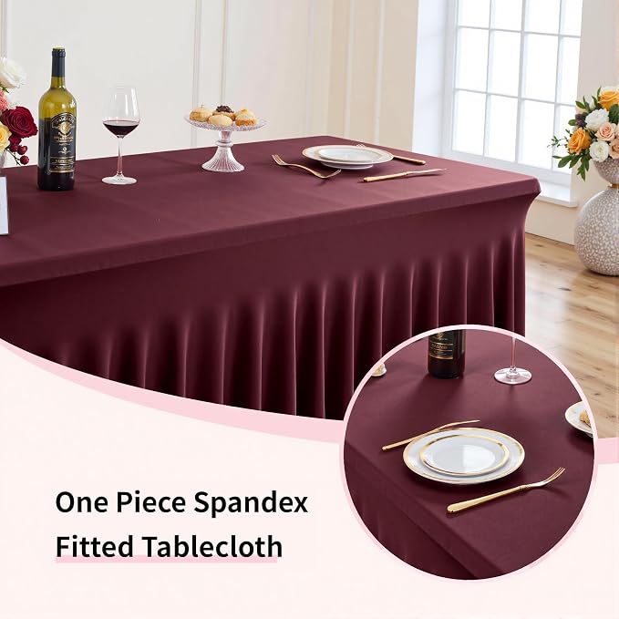 Spandex Tablecloth 6FT Rectangle Table Cover 6 Pcs Burgundy Wrinkle-Free - Image 3