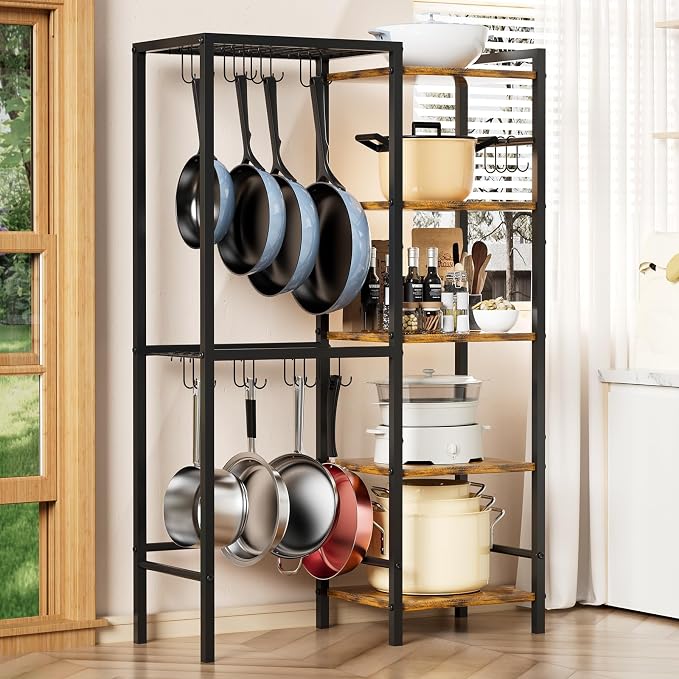5-Tier Pot and Pan Organizer Rack with Hooks, Heavy-Duty Kitchen Storage Shelf for Cookware, Dishes, and Utensils, Freestanding Metal Pot Rack Organizer for Kitchen, Pantry, or Dining Room by OMISRUIS