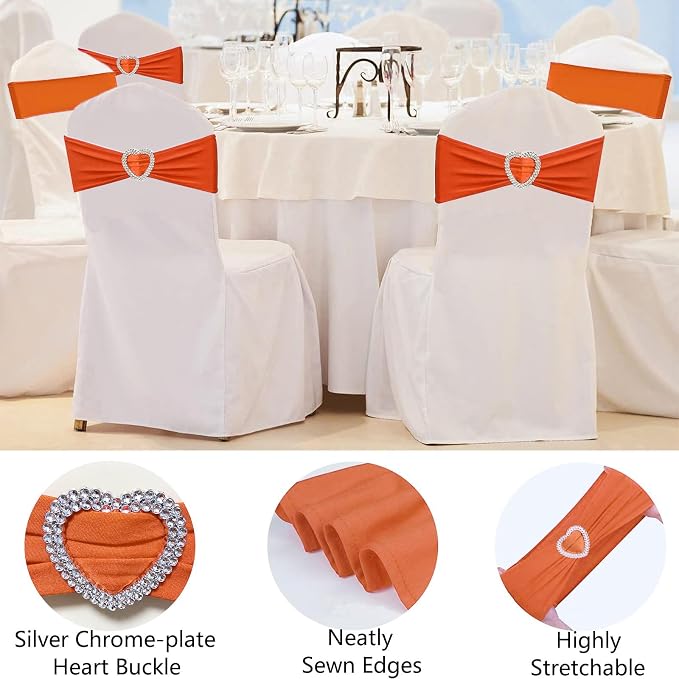 Orange Chair Sashes 25 Pack Spandex Orange Sashes for Chairs Covers Universal Stretch Chair Sashes Band with Heart Buckle Slider for Wedding Banquet Party Decorations - Image 3