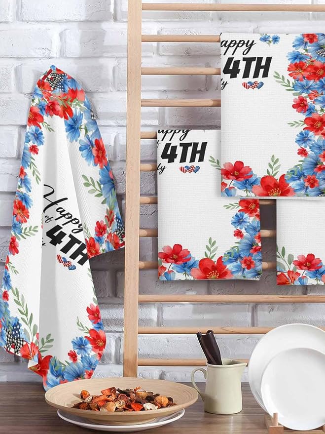 4th of July Hand Towels Set, Waffle Weave Kitchen Towels 4 Pieces, American Flag Red Blue Flowers Leaves Microfiber Hair Face Bath Tea Towel Absorbent Quick Drying Cleaning Dish Cloths, 15.7"x23.6" - Image 2