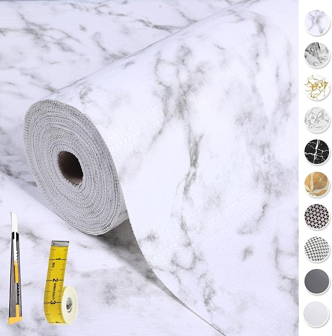 2-Layer Drawer and Shelf Liner for Kitchen Cabinet: 12 in X 20 Ft Non Slip Waterproof Shelf Paper Non Adhesive Refrigerator Liners White Marble Easy Liners for Bathroom with Knife Tape Measure by Kimhan