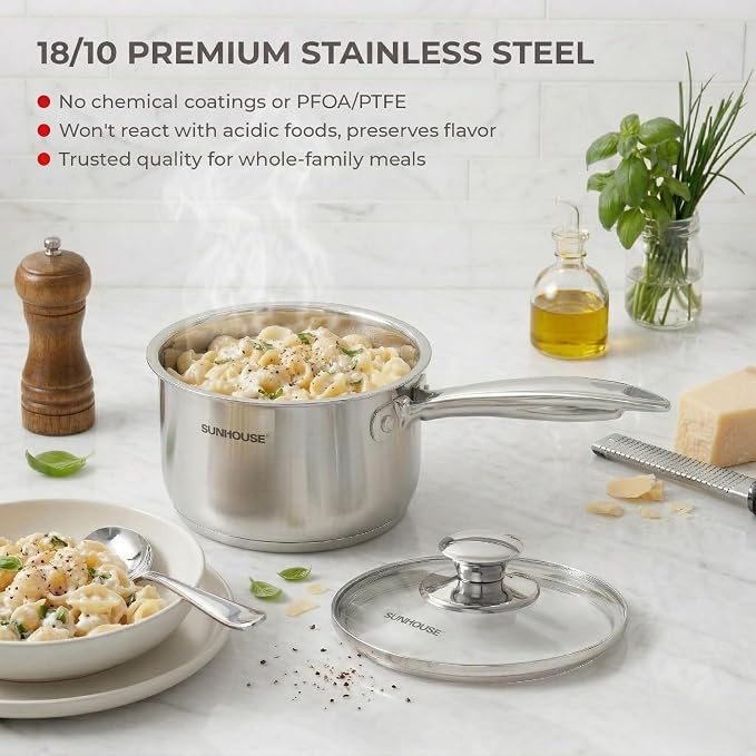 Sunhouse: Stainless Steel Saucepan - Advanced: 1.5 Quart - Tempered Glass Lid, 18/10, 3-Ply Bottom, Round-Edge Pot, All Cooktops, Oven-Dishwasher Safe - Image 3