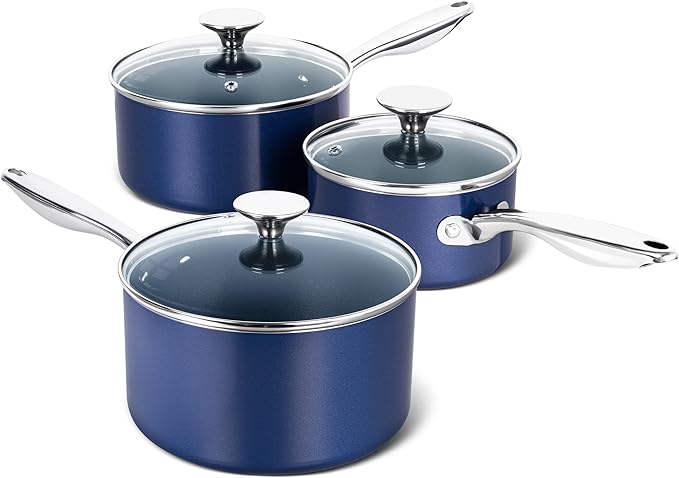 MICHELANGELO Sauce Pan with Lid, Ceramic Saucepan Set, 1.5Qt & 2Qt & 3Qt Sauce Pan Sets, Nonstick Saucepans with Lids, Small Pots with Stainless Steel Handle, Oven Safe, Blue by Michelangelo