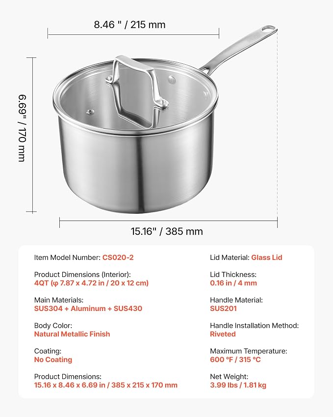 VEVOR 4 QT Saucepan, Stainless Steel Saucepan with Glass Lid, Multipurpose Nonstick Stainless Steel Small Cooking Sauce Pot with Ergonomic Handle, Friendly for Oven, Dishwasher, Induction Cooker - Image 7