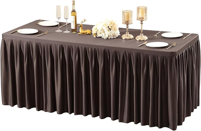 Wish Care Brown Polyester Table Clothes for 4 Foot Rectangle Tables, Wrinkle Free Fitted Table Cover with Pleated Ruffle Table Skirt for Birthday Party Wedding Trade Show Event Display by WishCare