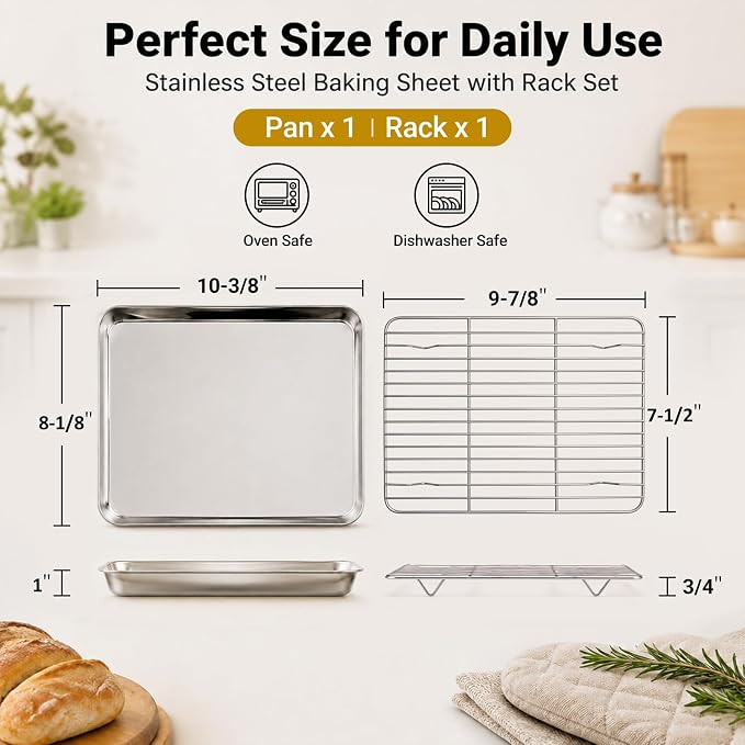 Onader Toaster Oven Tray and Rack Set, Stainless Steel Cookie Sheet Pan - Image 2