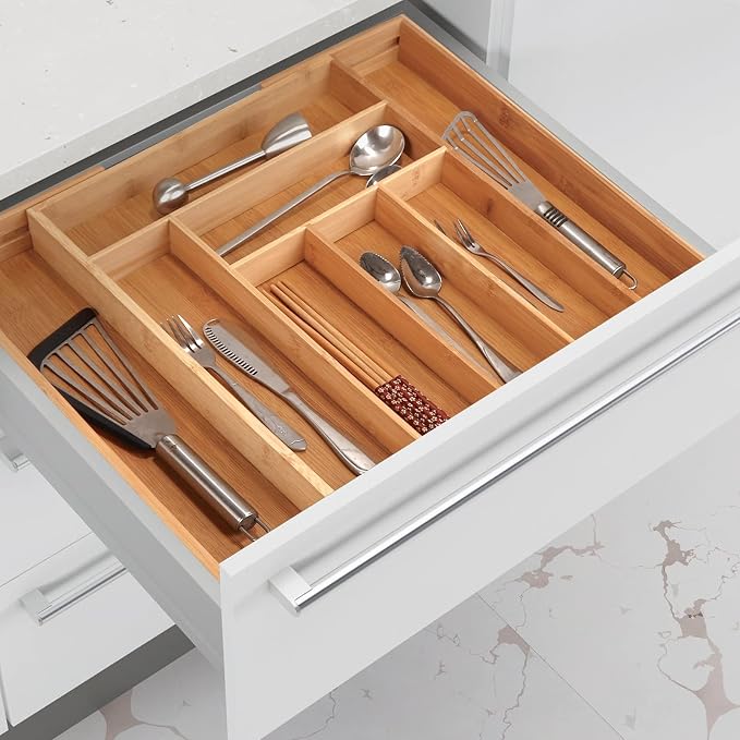 Bamboo Cutlery Tray, Adjustable Drawer Insert with 6 to 8 Compartments, Expandable Cutlery Organiser and Cutlery Tray, Organiser for Kitchen Utensils and Cutlery - Image 7