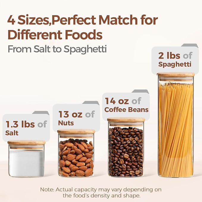 ComSaf Glass Storage Containers Set of 6 (2.2Qt/1.2Qt/0.8Qt/0.6Qt*3) | Pantry Storage Containers, Kitchen Jar, Glass Canisters, Bamboo Lid with Silicone Seal, Flour, Cereal, Spice Jar, BPA Free - Image 3