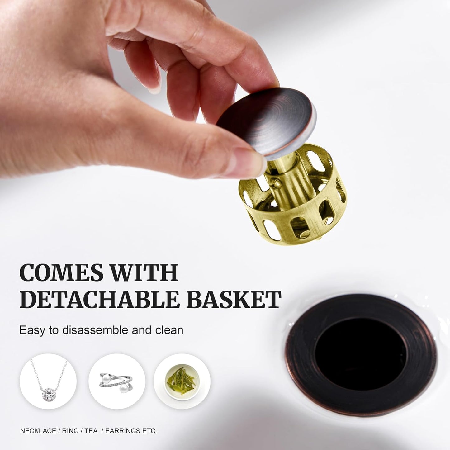 Pop up Sink Drain Stopper for Bathroom Vessel Vanity Sink Art Basin Oil Rubbed Bronze, Small Cap with Overflow, Metal Pop-up Drain Strainer with Detachable Basket Stopper