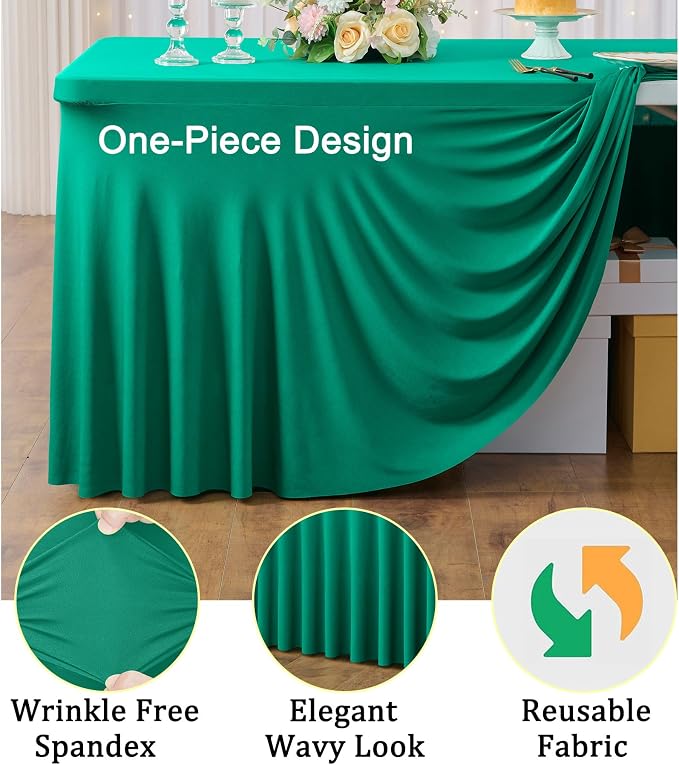 3 Pack Emerald Green Spandex Tablecloth for 6 Foot Rectangle Tables, Wrinkle Free Fitted Table Cloth Cover 6ft Green Stretchy Tablecloths with Skirt for Parties Weddings Birthday Banquet Baby Shower - Image 3