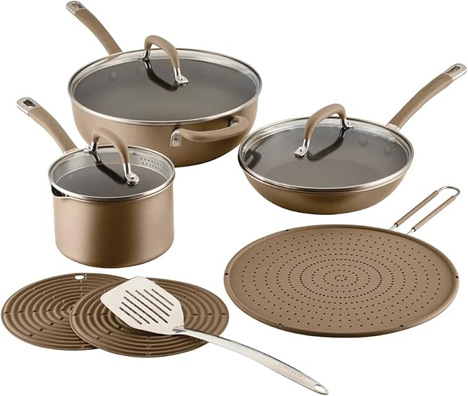 Circulon A1 Series with ScratchDefense Technology Nonstick Induction Pots and Pans, Metal Utensil Safe, Includes Splatter Guard, Slotted Turner and Silicone Trivets, 10 Piece Cookware Set - Champagne - Image 9