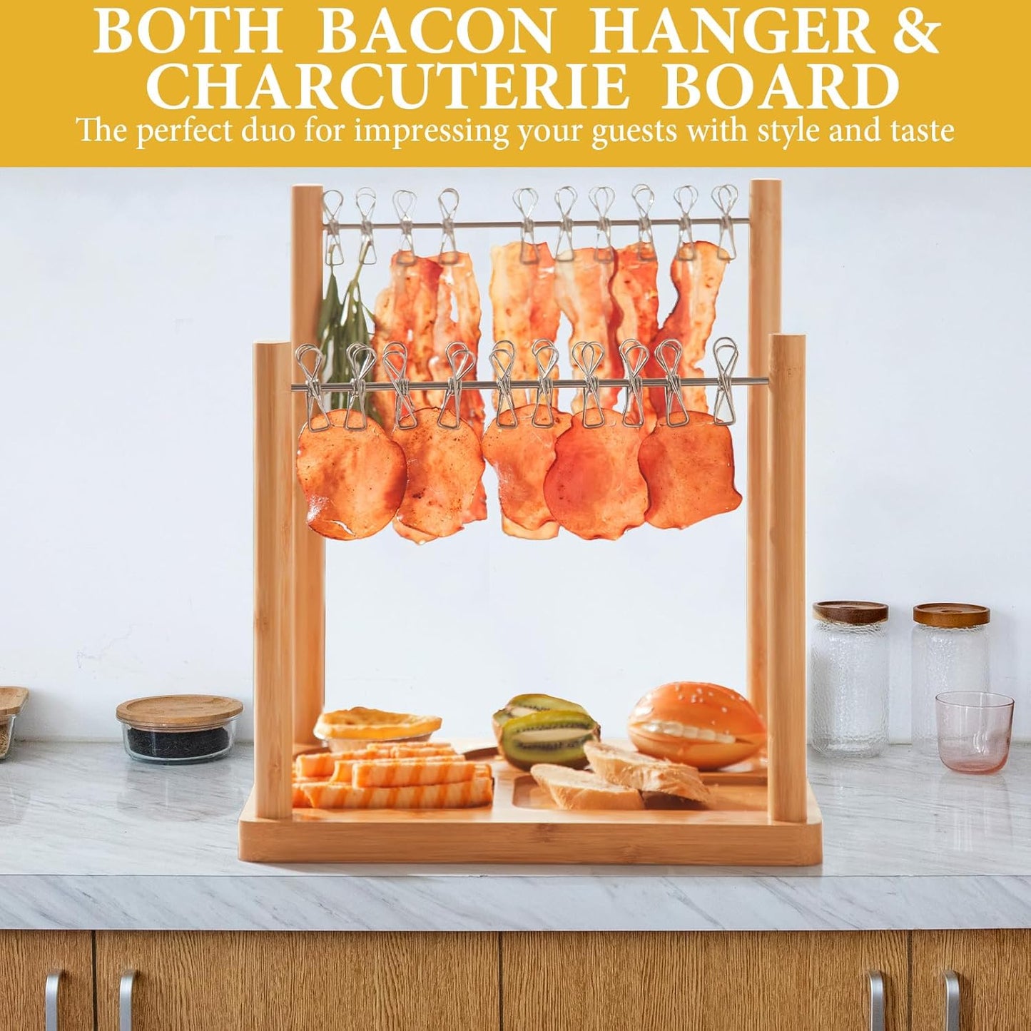 Bacon Display Rack with Clothesline Serving Tray, Patented Design Bacon Serving Dishes and Extra Double Hangers, Exquisite Holder for Housewarming, Home Party, or Wedding Gifts (Natural Bamboo)