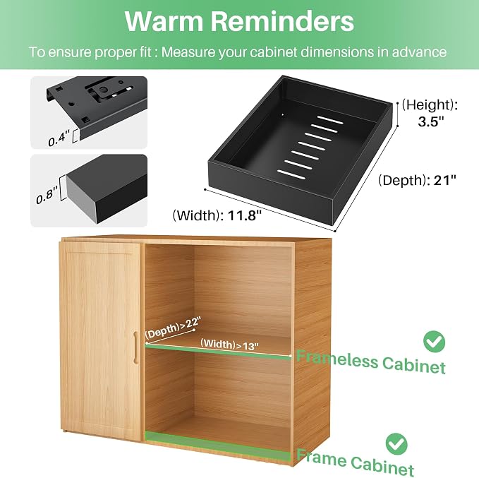 Pull out Cabinet Organizer, 21"Deep, 11.8"Wide Full-Extension Heavy Duty Slide out Drawers with Nano Adhesive, Roll Out Shelves Sliding Cabinet for Kitchen, Bathroom, Pantry,Under Sink Storage(Black) - Image 2