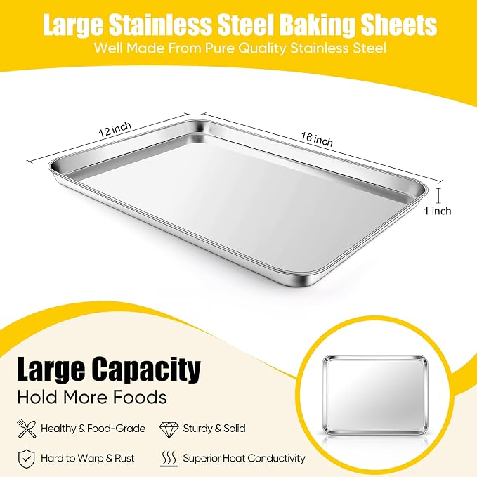 Homikit 2 Pack 16x12 Inch Stainless Steel Jelly Roll Pan Set, Non Stick | Large Cookie Sheets for Baking, Metal Baking Pans for Oven, Flat Bacon Tray, Rustproof, Heavy Duty, Dishwasher Safe - Image 2