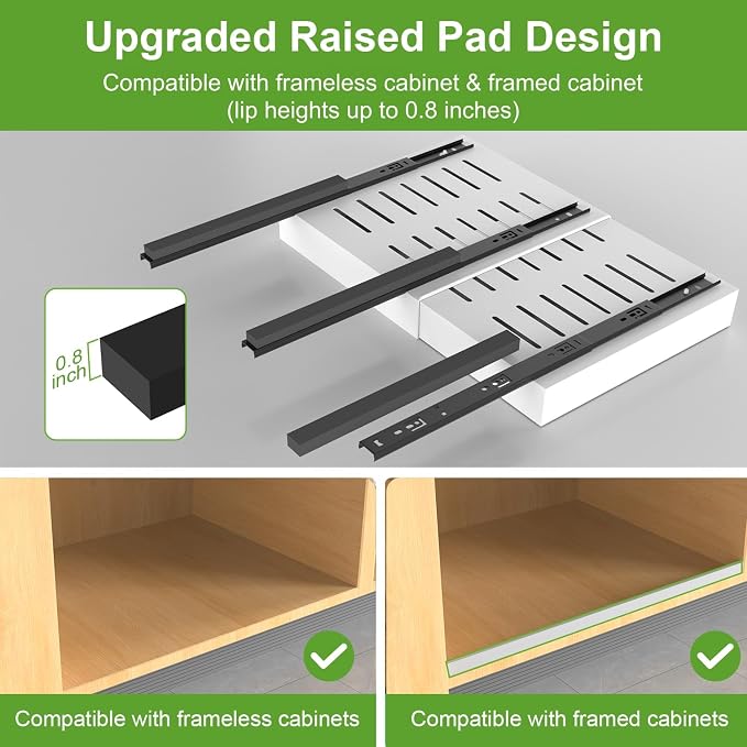 ANTOWIN 1-Pack Expandable Pull Out Cabinet Organizer 21"Deep(12.2"-20.5"W), 3 Full Extension Glides Slide Out Drawers, Roll Out Shelves Adhesive Raising Pad,Compatible Framed Cabinets,90lb Cap,White - Image 3