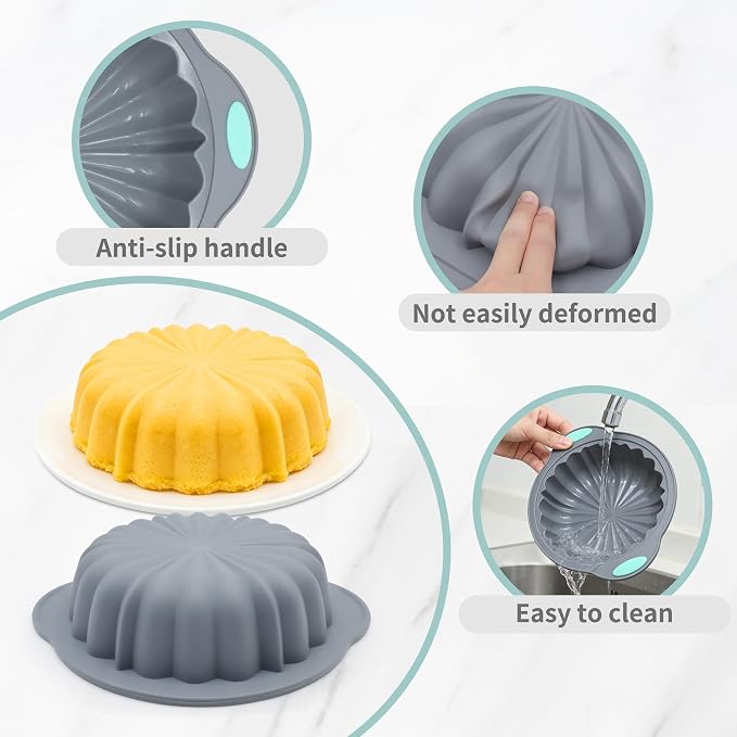 To encounter 44 Pieces Silicone Round Cake Pans Set, 3 Sizes Silicone Fluted Cake Pan Set with Reusable Baking Cups, Food Grade Baking Molds for Brownie, Bread, Muffin, Light Grey - Image 3