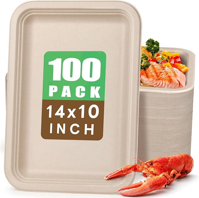Gezond 100 Pack 14 Inch Disposable Food Trays Crawfish Trays Heavy-Duty | Large Paper Plates Compostable Plate Sugarcane Eco-friendly for Crawfish Seafood Party BBQ Thanksgiving Natural by Gezond%C2%AE